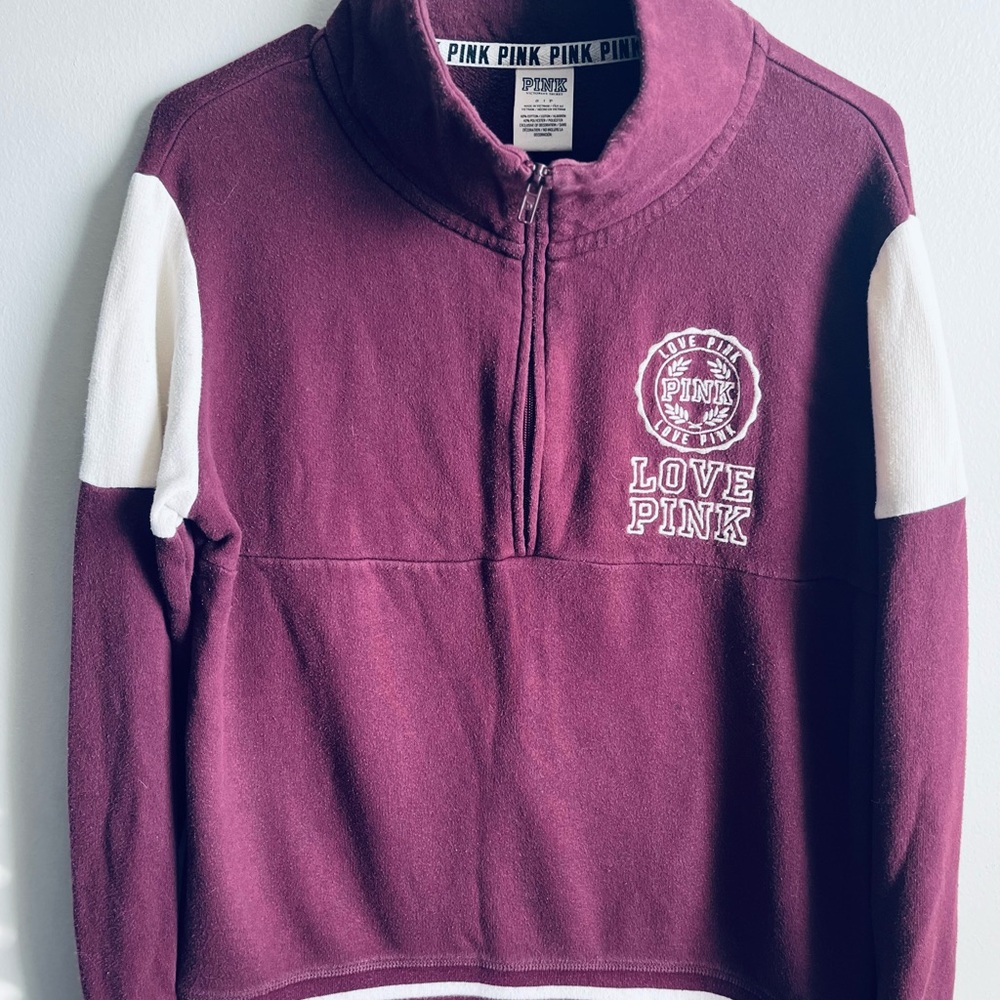 Vs Pink Varsity Maroon & White Logo Quarter Zip Sweatshirt Oversized Small
